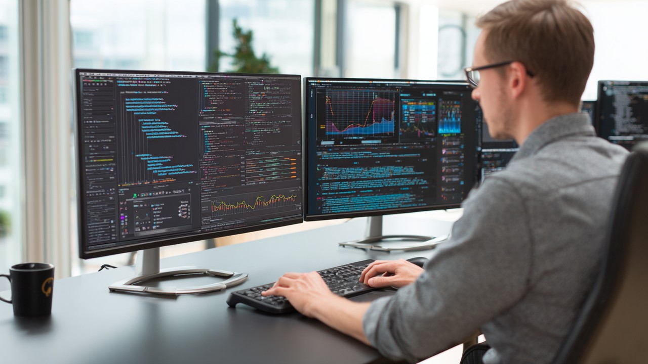 Professional software developer working at a modern desk with multiple monitors displaying PHP code and performance graphs in a bright, organized office environment.