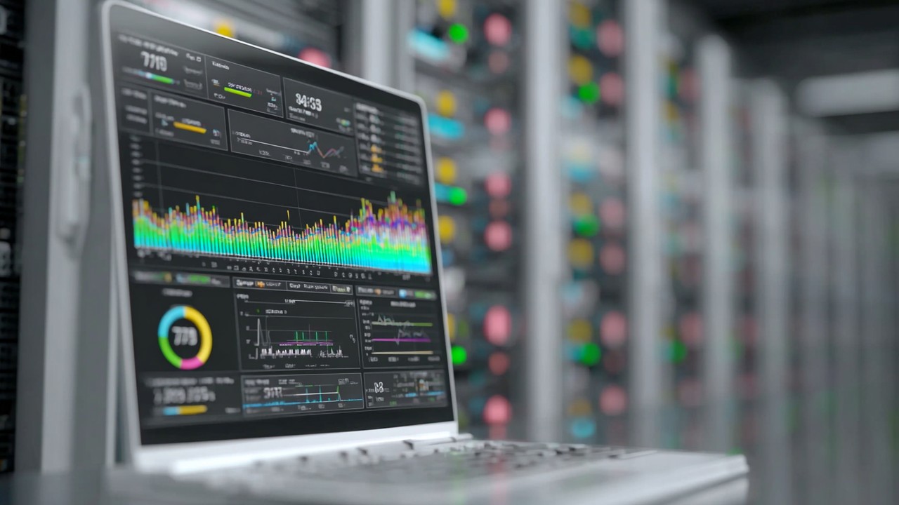 Real-time web traffic monitoring dashboard displaying graphs and metrics indicating reduced latency and improved server response times with blurred server racks background.