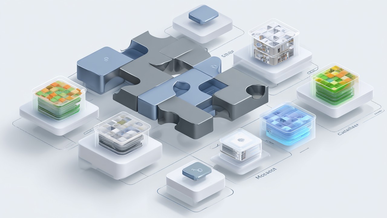 Realistic illustration of a modular software architecture diagram with interconnected caching modules as puzzle pieces, professional style.