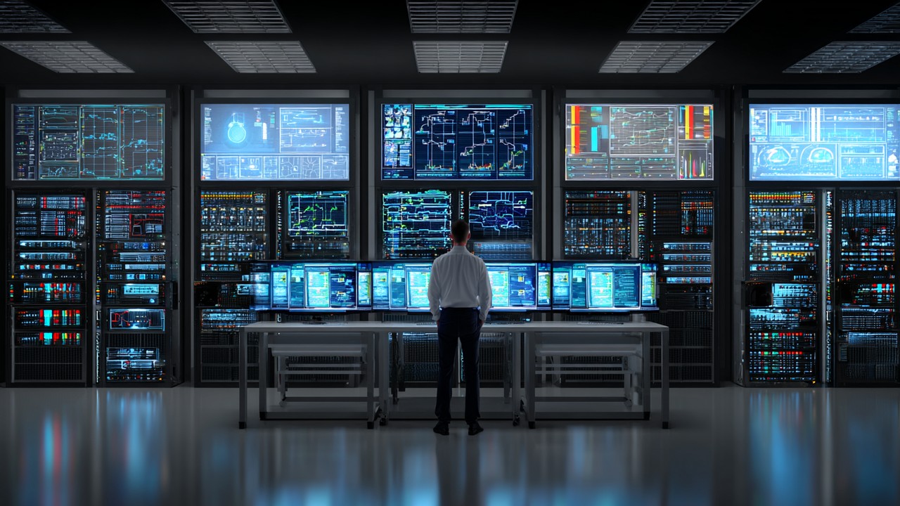 Realistic modern data center with server racks and blinking lights, network engineer monitoring load balancing diagrams on screens, illustrating web traffic management.