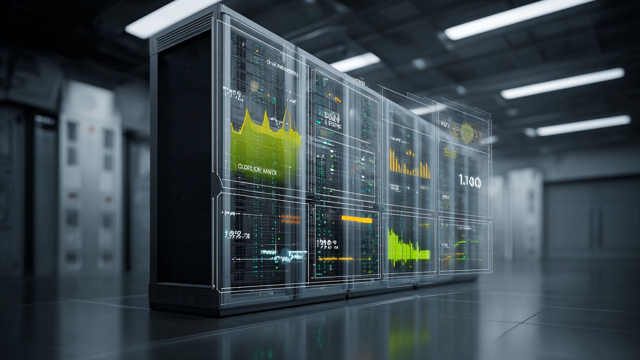 Server soba sa digitalnim prikazima smanjenog korišćenja CPU i memorije, ističući energetsku efikasnost i optimizaciju resursa.