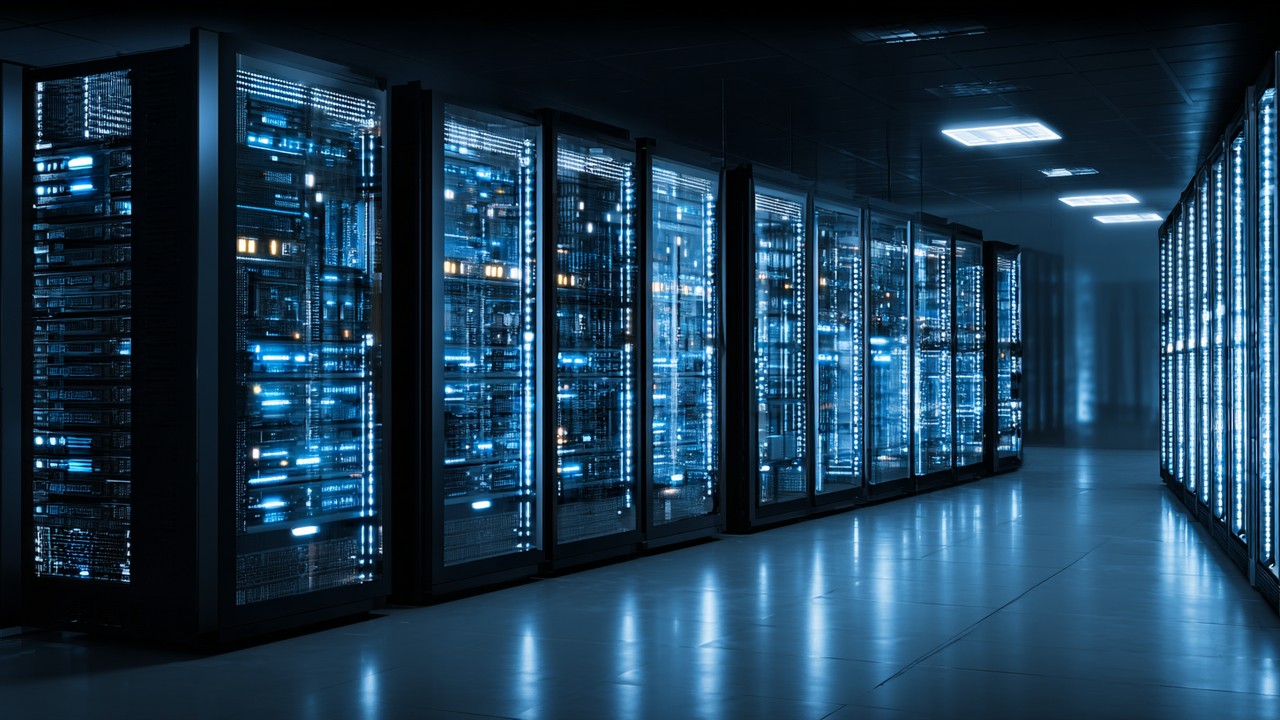 Server room with high-performance servers and networking equipment illuminated by cool blue lighting, optimizing data delivery.