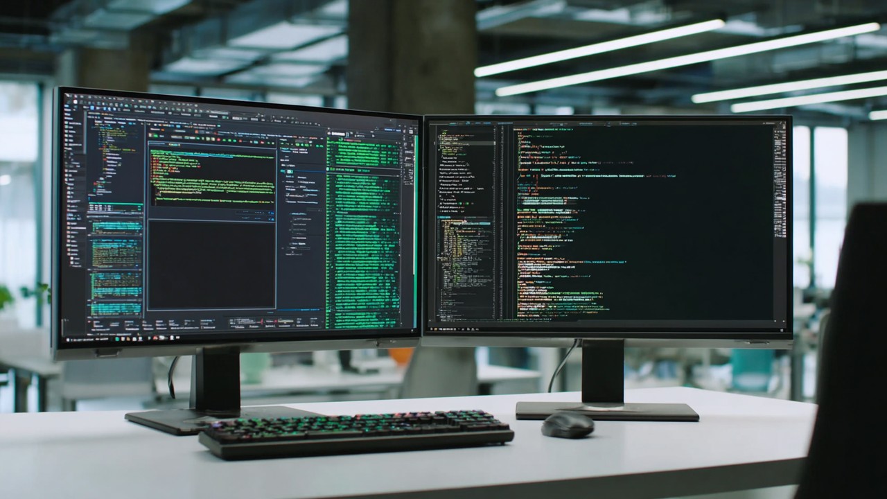 Side-by-side monitors on a developer's desk displaying MySQL database interface and PDO code in a modern tech office, illustrating database connection methods.