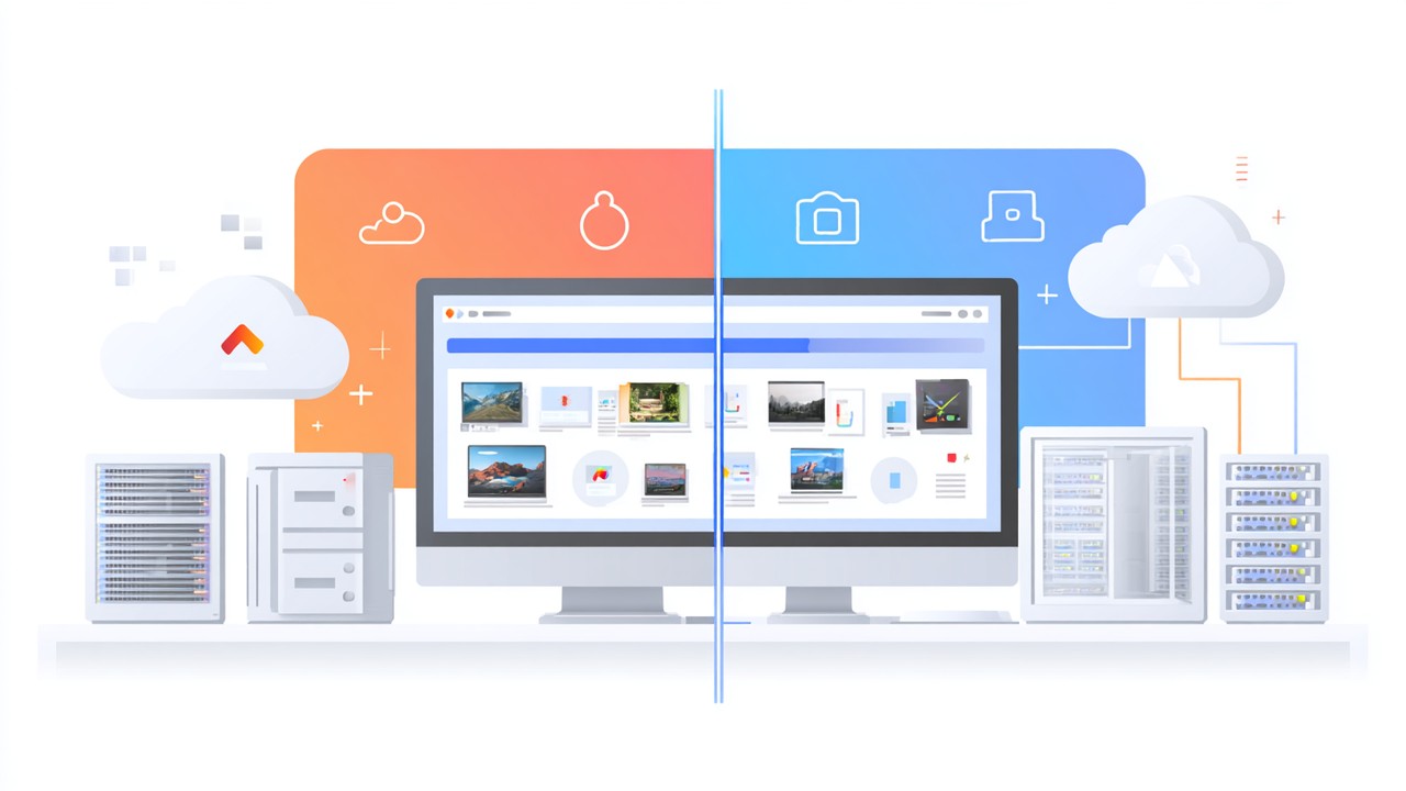 Split-screen image showing front-end web design with fast-loading product images and server infrastructure with servers and cloud icons, symbolizing website performance optimization.