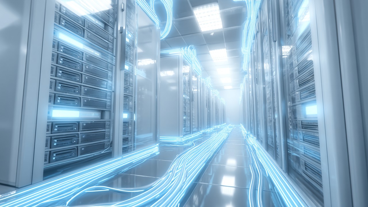 Stylized server room with glowing network cables representing persistent database connections in a high-tech, efficient environment.