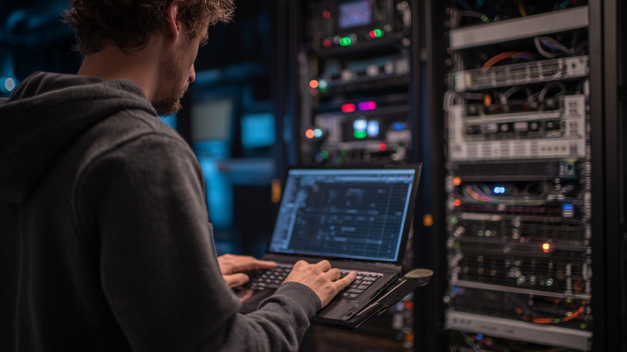 Systems administrator configuring a load balancer on a laptop in a professional data center to optimize server performance and reduce latency.