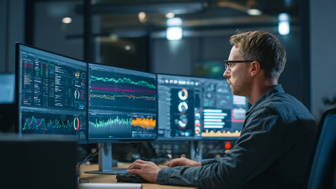 Web developer analyzing website performance metrics on multiple screens with graphs and server data in a modern office.